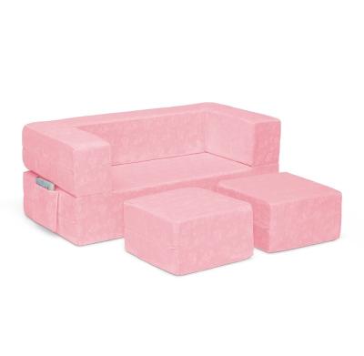 China Expandable Convertible Sofa and Play Set for Kids and Toddlers, Modular Foam Couch and Flip Out Lounger with 2 Stools, Pink for sale