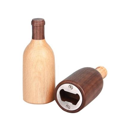 China Mini Cute Bottle Shape Round Fixed Stocked Personalized Wooden Stainless Steel Beer Bottle Opener for sale