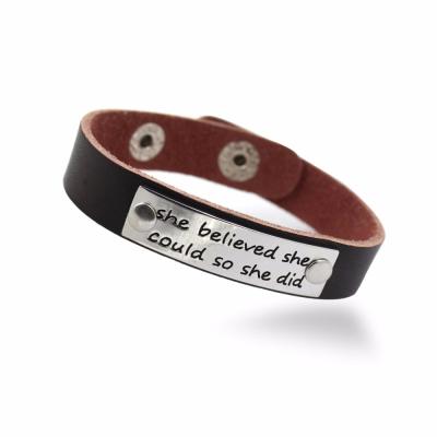 China Fashion Personalize Engrave Metal Plate Leather Bracelet For Women And Men for sale