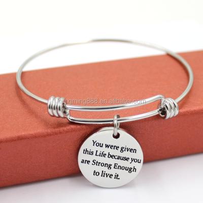 China Souvenir Gifts New Promotion Fashion Customized Engraved Charms Stainless Steel Wire Bangle Expandable Bracelet for sale