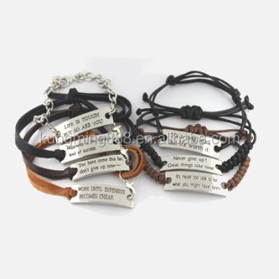 China CLASSIC Customized Production Metal Cuff Handwork Leather Bracelet With Engraved Metal Plates for sale