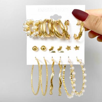 China New Arrival TRENDY Fashion Gold Plated 9 Pairs/Set Butterfly Star Pearl Huggie Circle Earring Set For Women for sale