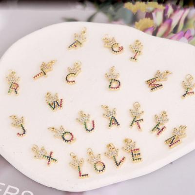 China Wholesale 18k Chain FASHIONABLE Initial Letter Alphabet 26 Gold Plated Insert Rainbow Crown Micro Pendant Necklace for sale