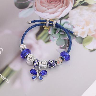 China Wholesa DIY TRENDY Handmade Crystal Beads Butterfly Charm Leather Pendant Bracelet for Girls for sale