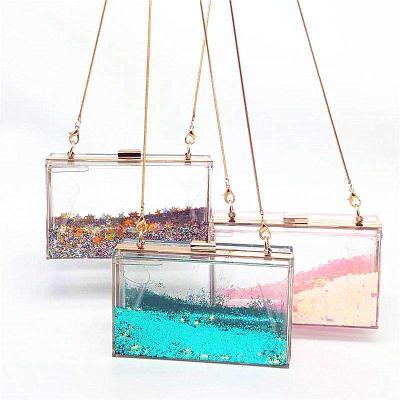 China PVC Different Color Liquid Quicksand In Clear Acrylic Clutch Bag Evening Purse for sale