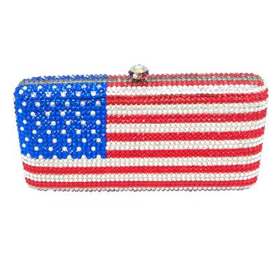 China Polyester Wholesale Women's Boutique American Flag Patriot Glitter Crystal Clutch for sale