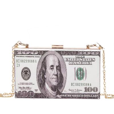 China Iron Acrylic Women Grab Cash Dollars Letter Evening Clutches Vintage Metal Chain Shoulder Party Retro Purses Pinch for sale