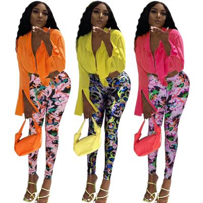 China Women's breathable clothing long-sleeved shirt plus printed pants two-piece set spring and summer women's clothing for sale