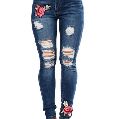 China New Waterproof Women's Jeans Shape Holes Embroidered High Waist Stretch Denim Jean Pants Ripped High Elastic Denim Women's Pants for sale