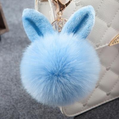 China Blue Faux Fur Ball Plush Color Key Chain With Ear Decoration For Bag Cell Phone Car Hanging for sale