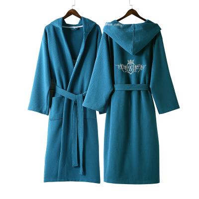 China Cotton Thermal Luxury Hooded Sheer Waffle Robe Match Embroidery Hotel Soft Bathrobe For Men And Women Couples Sleepwear Match Spa Robe for sale