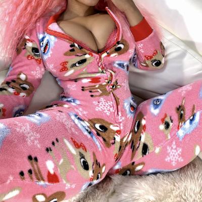 China Ladies Hot Sale QUICK DRY Winter Onesie with Butt Fin Bodysuit Cartoon Printed Front Zipper Sleepwear Pajamas for sale