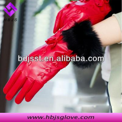 China Factory Simple Sale Cute Red Leather Gloves With Fur Trim Decoration for sale