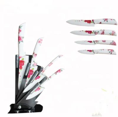 China Sustainable Stand 4pcs ABS Soft Touch Acrylic Handle Printed Flower Ceramic Knife for sale