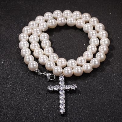 China Hiphop Single Strand Pearl Necklace 18inch Choker With CZ Cross Pendant Women Men Party Wholesale Price Hip Hop Jewelry for sale