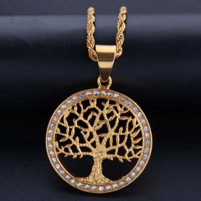 China Gold Plated Zircon Tree of Life Pendant Hiphop Gold Tree of Life Necklace for sale