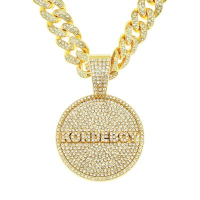 China Hiphop Iced Out Cool Letter Full Diamond Disc Necklace Hiphop Dance Club Personality Pendant Cuban Chain Necklace for sale