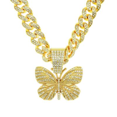 China Hiphop Cuban Hip Hop Chain Necklace Men Bossy Hip Hop Cool Diamond Encrusted Buckle Butterfly Pendant Necklace for sale