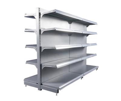 China Latest Grocery Store Food Double Sided Stationary Display Stand with Shelf Edging for sale