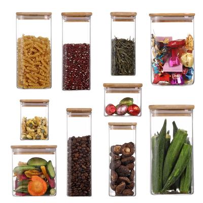 China Freshness Preservation Pantry Box Glass Jars Food Storage Containers With Bamboo Lids Square Airtight Clear Kitchen Pantry Organization for sale