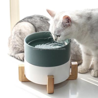 China 400ML Ceramic Small Size Water Stocked Feeding Bowl Matte Macaron Color Cat Food with Wooden Stand for Small Pet Puppy for sale