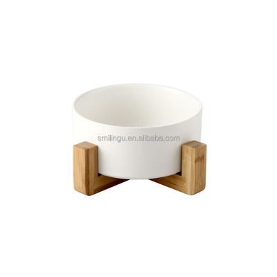 China 19.5*9cm Medium Small Dog 859ML Ceramic Stocked Water Bowl On Bamboo Wooden Stand For Pet Cats Puppy for sale