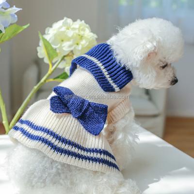 China 2022 Acrylic Stocked Bowtie Style Blue Red Knitted Dog Sweater Dress For Small Pet Puppy Malatese Yorkshire Poodle XS for sale