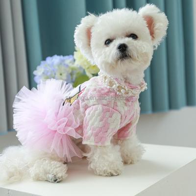 China 2022 Winter Paris Fashion Design Stocked Luxury Pearl Decorated Dog Clothes For Medium Small Pets Puppy Cats Dress Up for sale