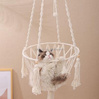 China Sustainable Small Size Cotton Rope 30*30*90cm Braided Handmade Hanging Cat Swing Basket for sale