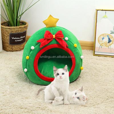 China Custom Stocked Logo Crystal Velvet Plush Christmas Tree Non-slip Semi-enclosed Pet Bed for Dogs Cats Kitten Puppy Chihuahua Rugdoll for sale