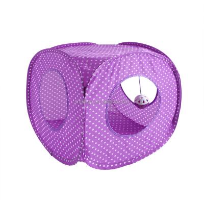 China 2022 Custom Stocked Logo Cubic Shape 3 Hole Purple Dotted Polyester Collapsible Cat Tent Tunnel With Playset for sale