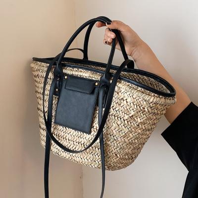 China New Braided Rope Color Contrast Large Capacity Vegetable Holiday Woven Straw Bag Handbag Summer Fashion Basket Beach YF026 for sale