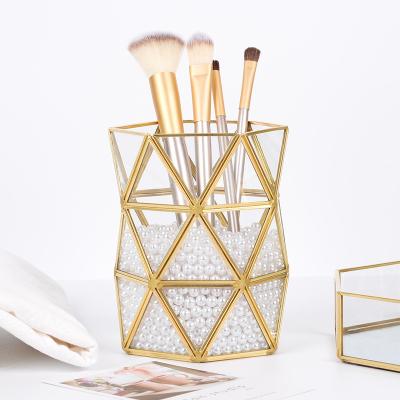 China New Viable Luxury Gold Makeup Organizer Exquisite Makeup Brush Display Box Cosmetics Tools Storage Holder for sale