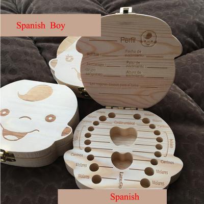 China Dutch English French Spanish Milk Teeth Storage Russia Baby Viable Wooden Box Tooth Organizer Collect Teeth Umbilica Save Gifts for sale