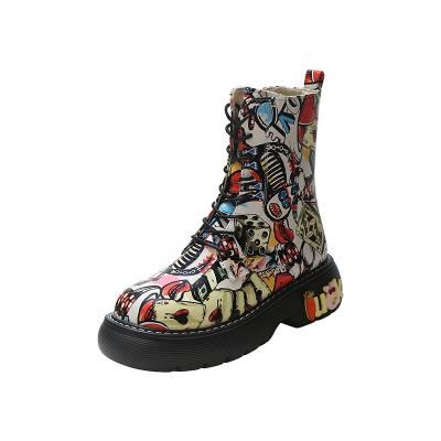 China 2021 fashion women fashion women's new graffiti graffiti short ankle boots motorcycle platforms red boots casual shoes for sale