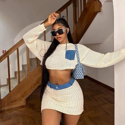 China Anti-pilling 2023 Fall Long Sleeve Streetwear Two Piece Set Women Sweat Crop Top 2 Piece Knit Skirt Suit Set Women Outfits for sale