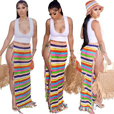 China Anti-Static Boutique Clothing 2023 Summer Hot girl Side Slit Wrap Beach Long Skirt Sexy Ladies Lace Cover Up Tassel Fringe Crochet Beachwear for sale