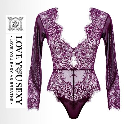 China Hot sexy nightgown wholesales women's sexy tight-fitting lace lingerie c string color sheer one-piece comfort long sleeve jumpsuit for sale