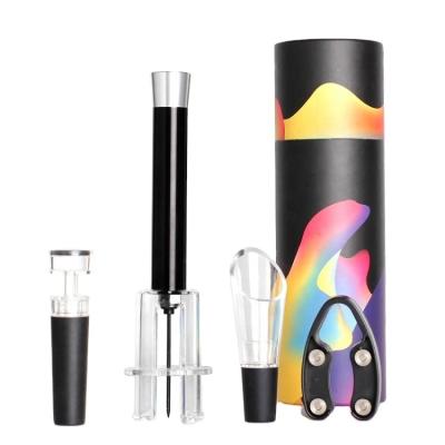 China Compressor Wine Opener Gift Set Compressor Gift Set Shaped Wine Bottle Wine Opener Set In Tube Gift Box Best Selling 4pcs Silk Screen Printing 4 Color for sale