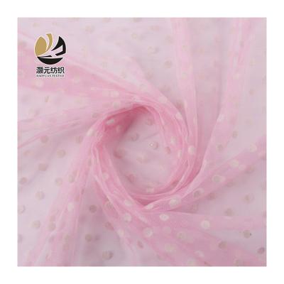 China Other Design Nice Pink Processed White Tulle Dot Flocked Mesh Fabric For Garment For Dress for sale