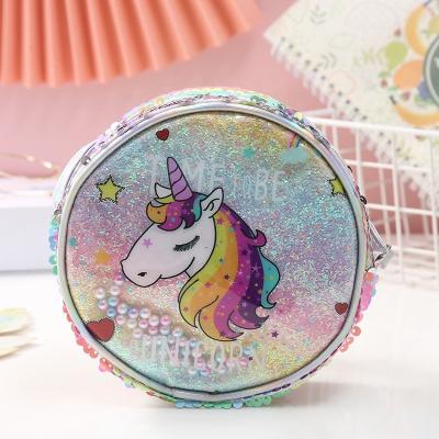 China Fashion Unicorn Round Bag Girls Circle Unicorn Shoulder Handbag Purse Rainbow Sequins for sale