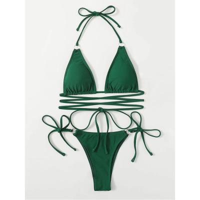 China Hot Selling Plus Size Ring Linked Bikini Set Woman Criss-Cross Women's Swimsuits Green Halter Swimwear Bathing Suit Sexy Beach Wear 2022 for sale