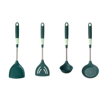 China Home Use Green Color Kitchen Stocked Utensils Set With Nonstick Silicone Handle Spoon Colander Cooking Tool Stir-Fry Shovel for sale