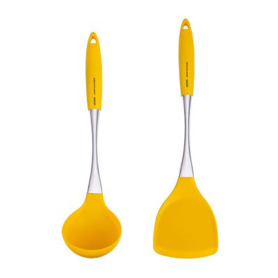 China Stocked Stainless Steel Silica Gel Spatula Non Stick Pan Frying Spatula Soup Spoon Cookware Sets With Long Yellow Handle for sale