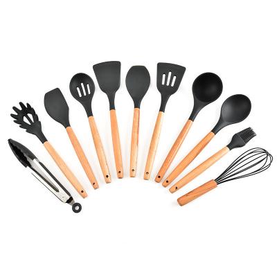 China Viable Kitchen Wooden Handle Silicone Kitchen Utensil 11 Pieces Kitchen Silicone Cooking Spoon Shovel Set for sale