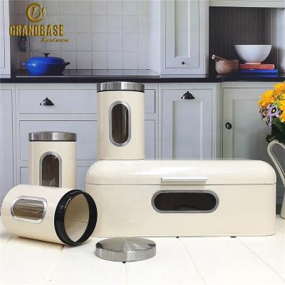 China Fresh Keep Kitchen Countertop Large Capacity Storage Container Metal Storage Coffee Sugar Tea Bread Bin Set With Visible Window for sale