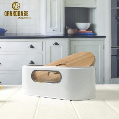 China Freshness Keeping Kitchen Eco Friendly Metal Lid Bamboo Bread Boxes With Cutting Board Window Recycling Storage Biodegradable Food Containers for sale