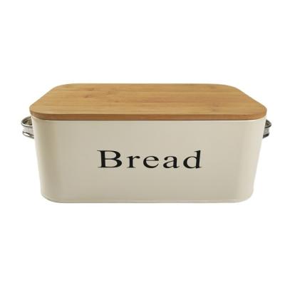 China Sustainable Farm Storage Bin Container Vintage Galvanized Metal Bread Loaf Storage Box With Bamboo Lid Used Cutting Board for sale