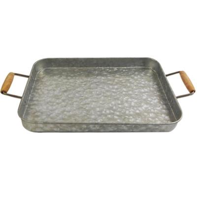 China Eco-friendly Vintage Rectangle Metal Galvanized Party Serving Tray With Wooden Handles for sale