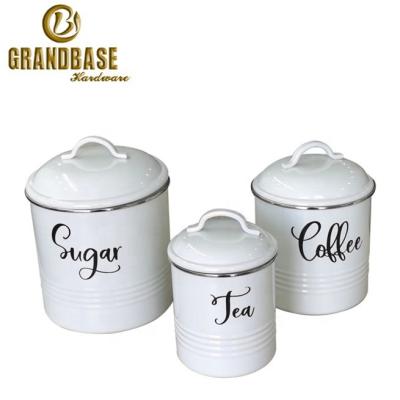 China Top Selling Sustainable Enamel Metal Coffee Sugar Tea Home Canister Set 3 Set Food Storage Container Set With Lid Stainless Steel Rim for sale